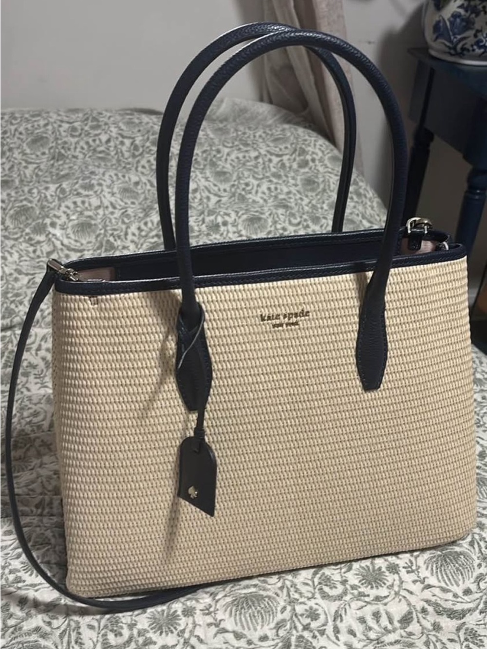 kate spade Beige and Blue Woven Tote Bag